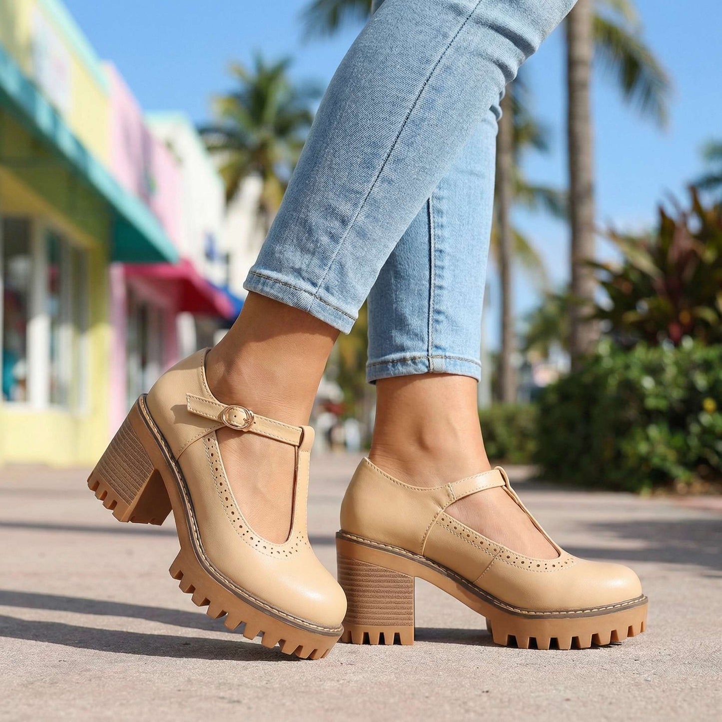 Women's Synthetic Chunky T-Strap Mary Jane Heels Corvine