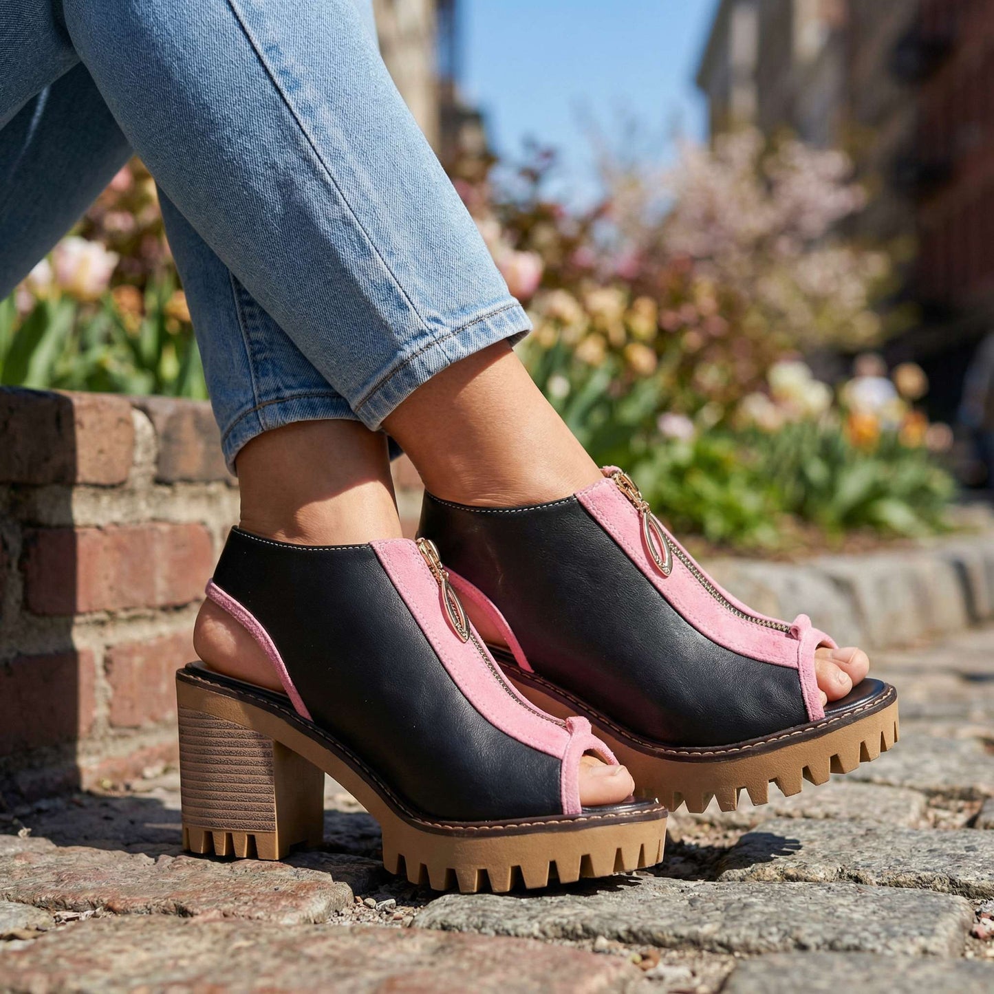 Women's Two-Tone Block Heel Zipper Shoes Corvine