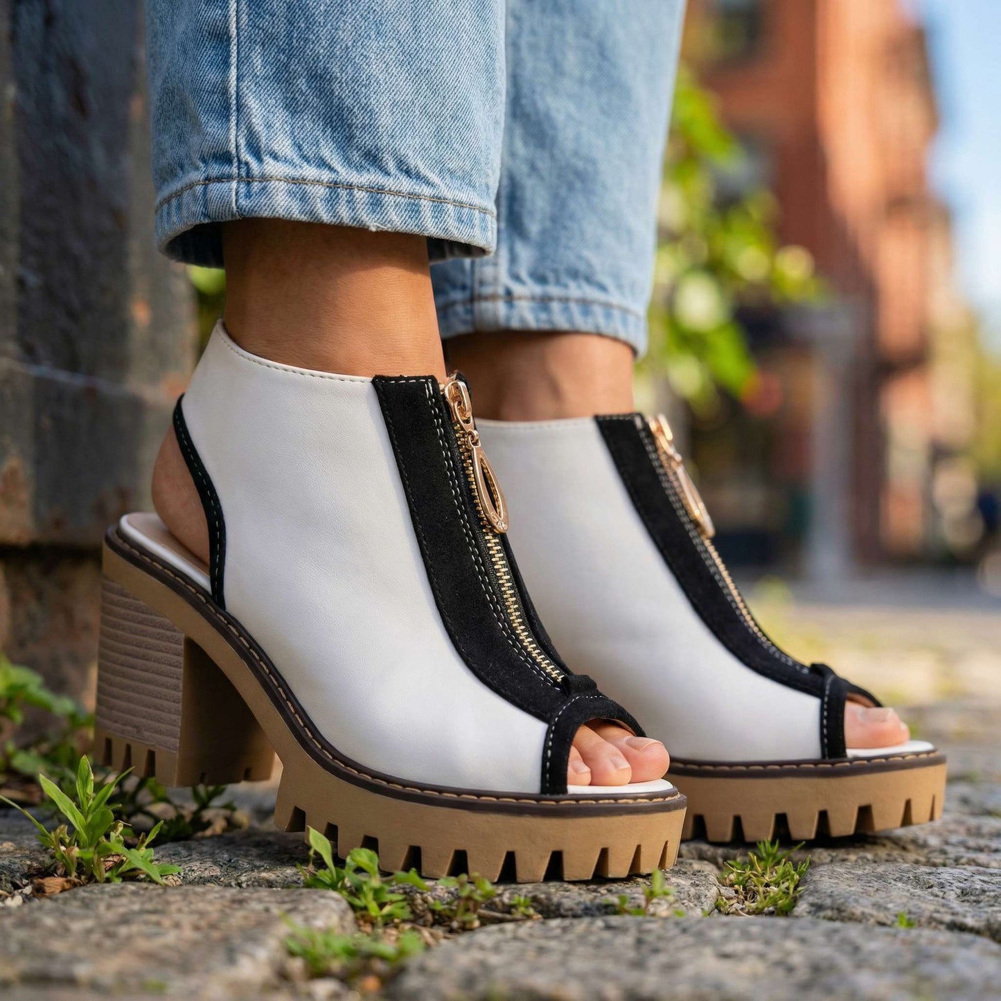 Women's Two-Tone Block Heel Zipper Shoes Corvine
