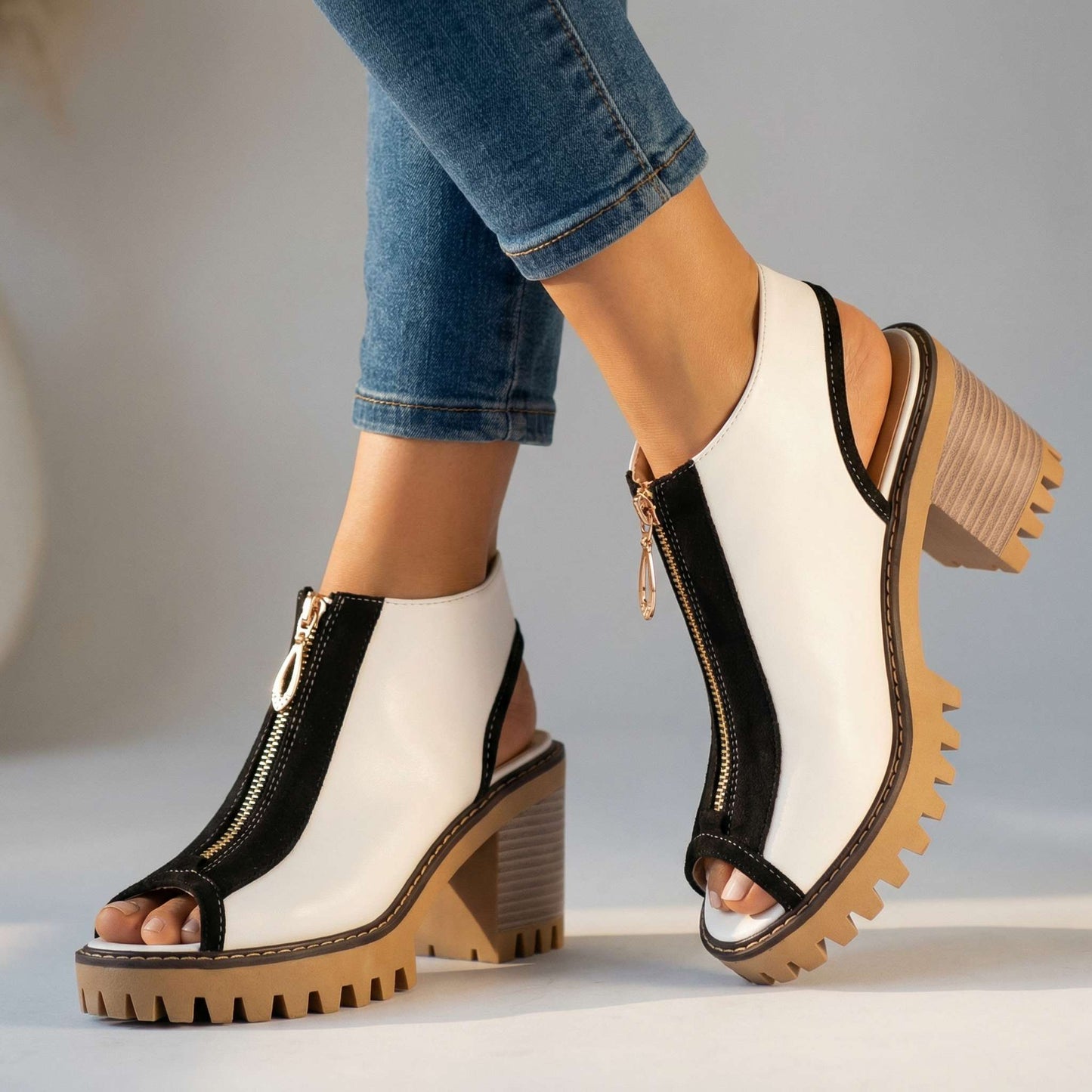 Women's Two-Tone Zipper Block Heel Shoes Corvine