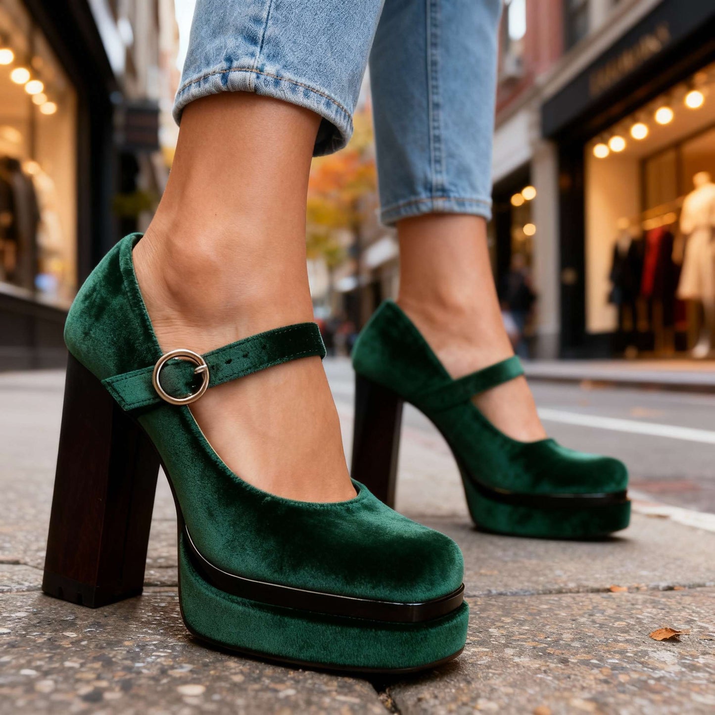 Women's Velvet Block Heel Shoes Corvine