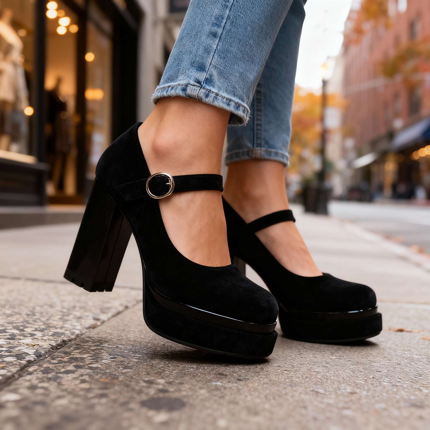 Women's Velvet Block Heel Shoes Corvine