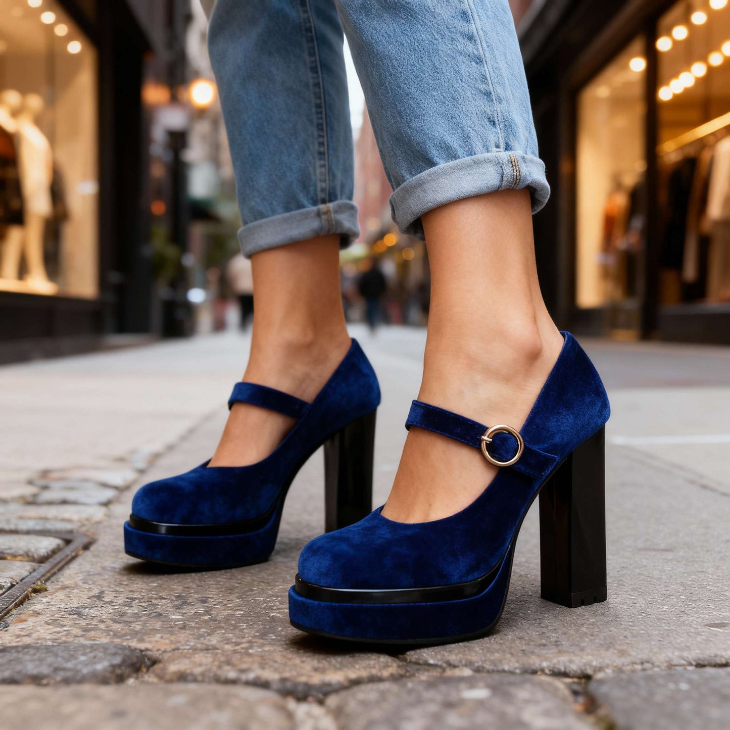 Women's Velvet Block Heel Shoes Corvine