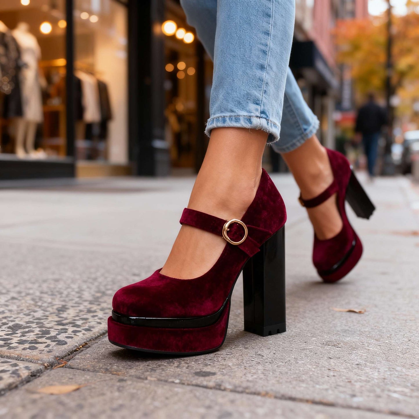 Women's Velvet Block Heel Shoes Corvine