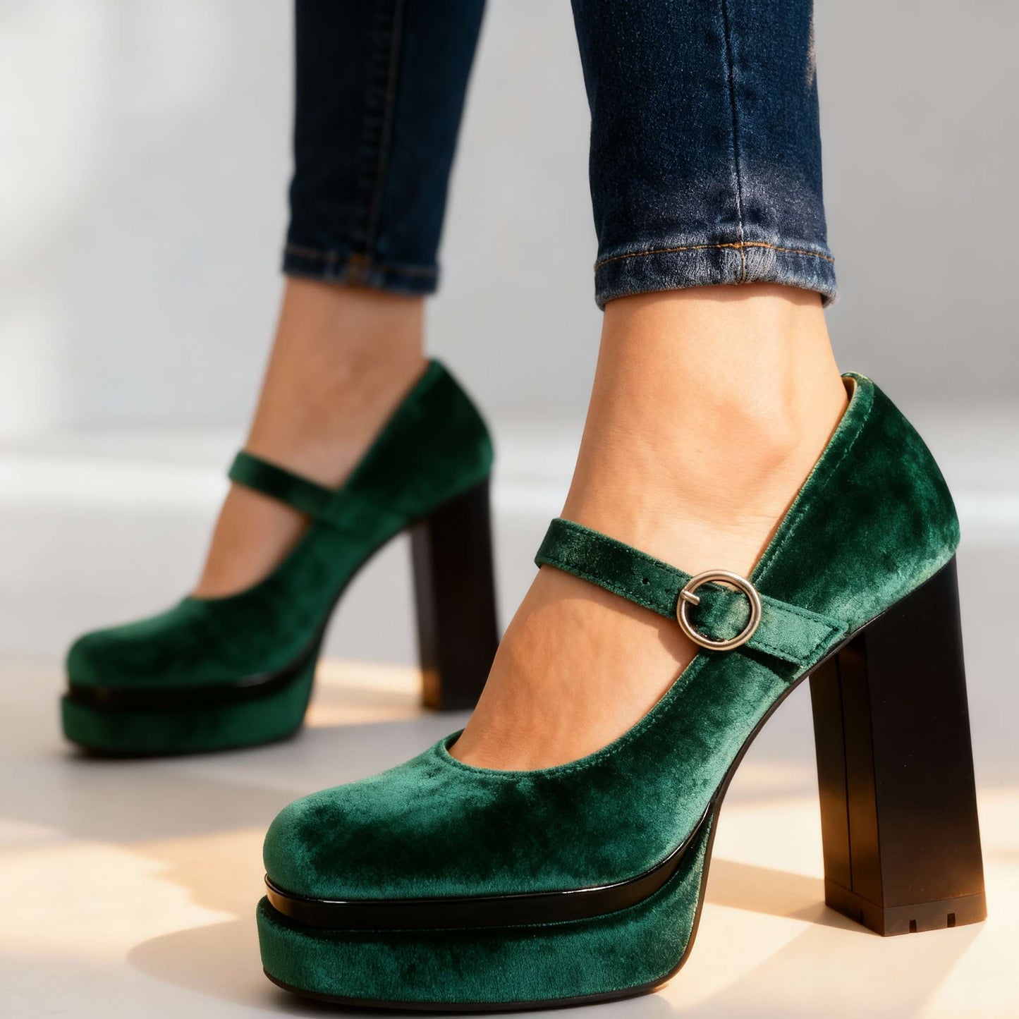 Women's Velvet Block Heel Shoes Corvine