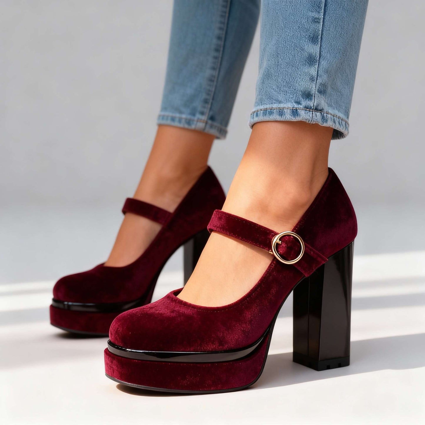 Women's Velvet Mary Jane Block Heel Shoes Corvine