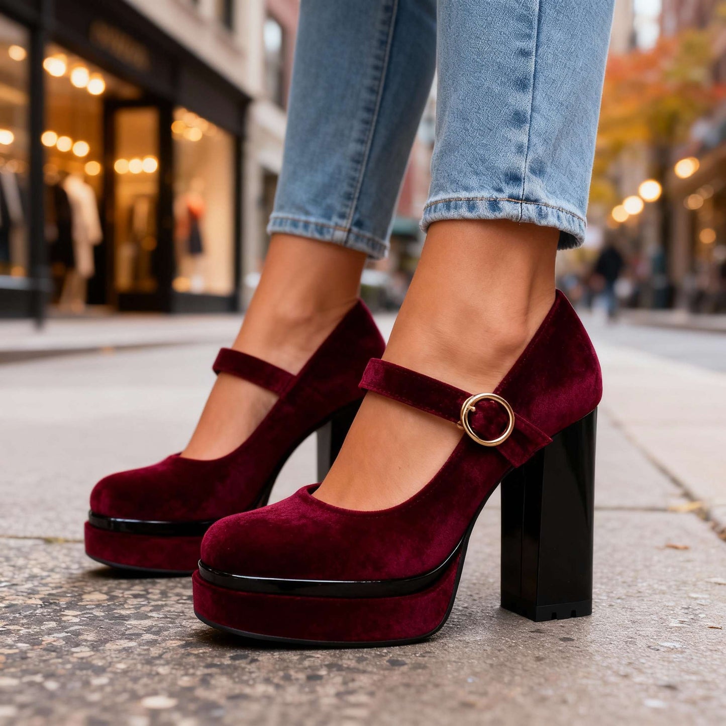 Women's Velvet Mary Jane Block Heel Shoes Corvine