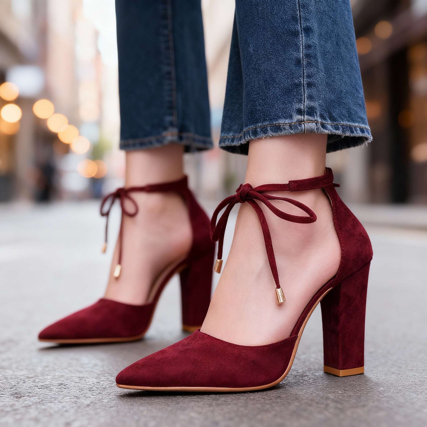 Women's Velvety Suede Block Heel Ankle Tie Heels Corvine