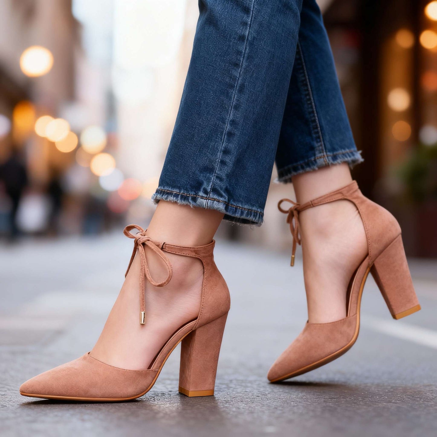 Women's Velvety Suede Block Heel Ankle Tie Heels Corvine