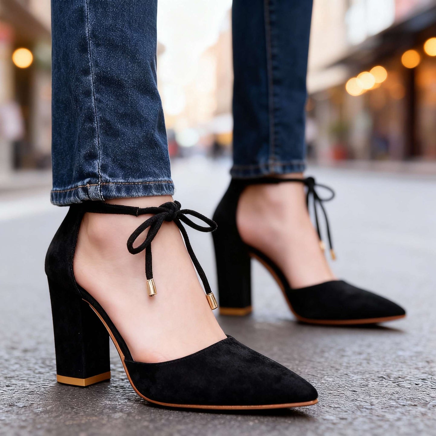 Women's Velvety Suede Block Heel Ankle Tie Heels Corvine