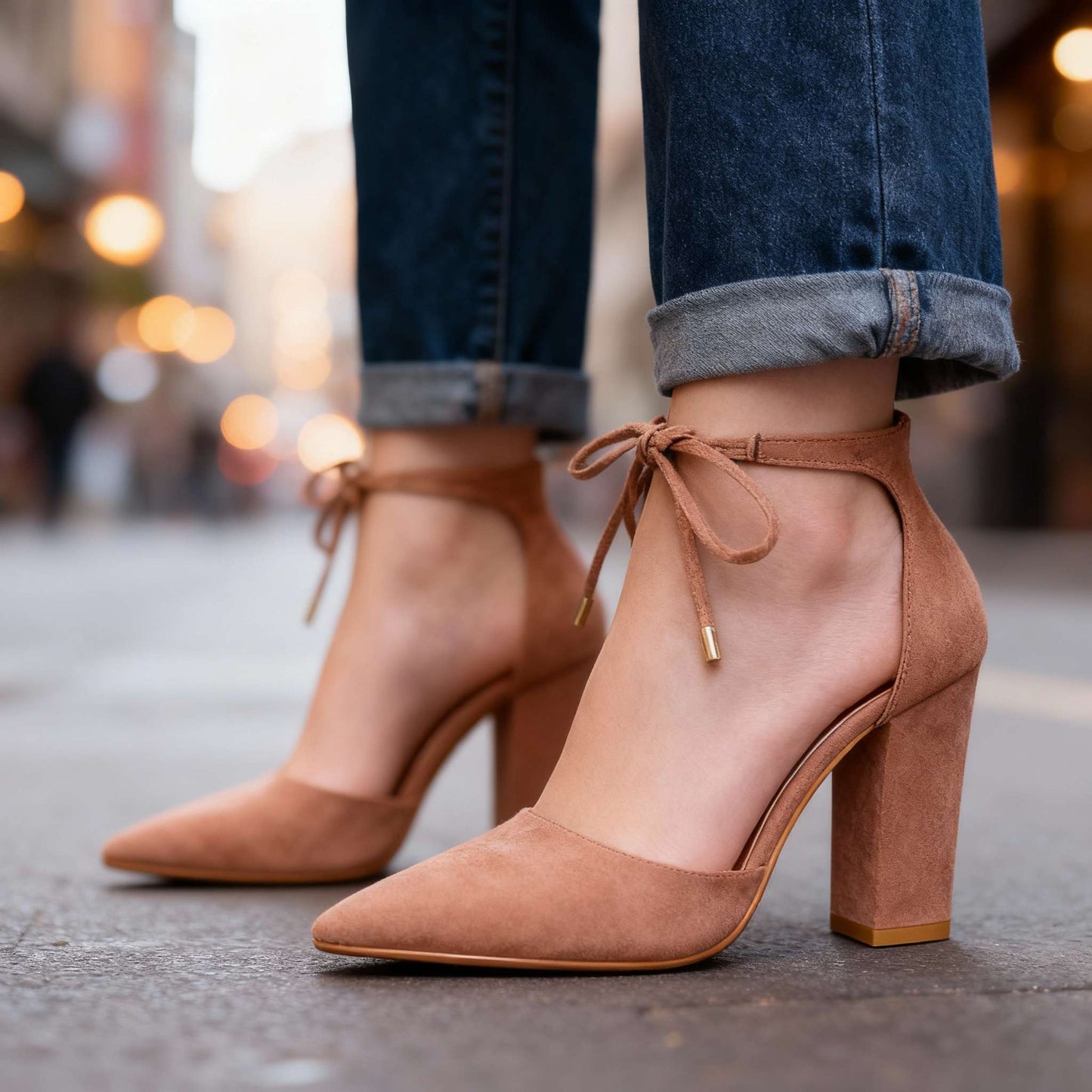 Women's Velvety Suede Block Heel Ankle Tie Heels Corvine