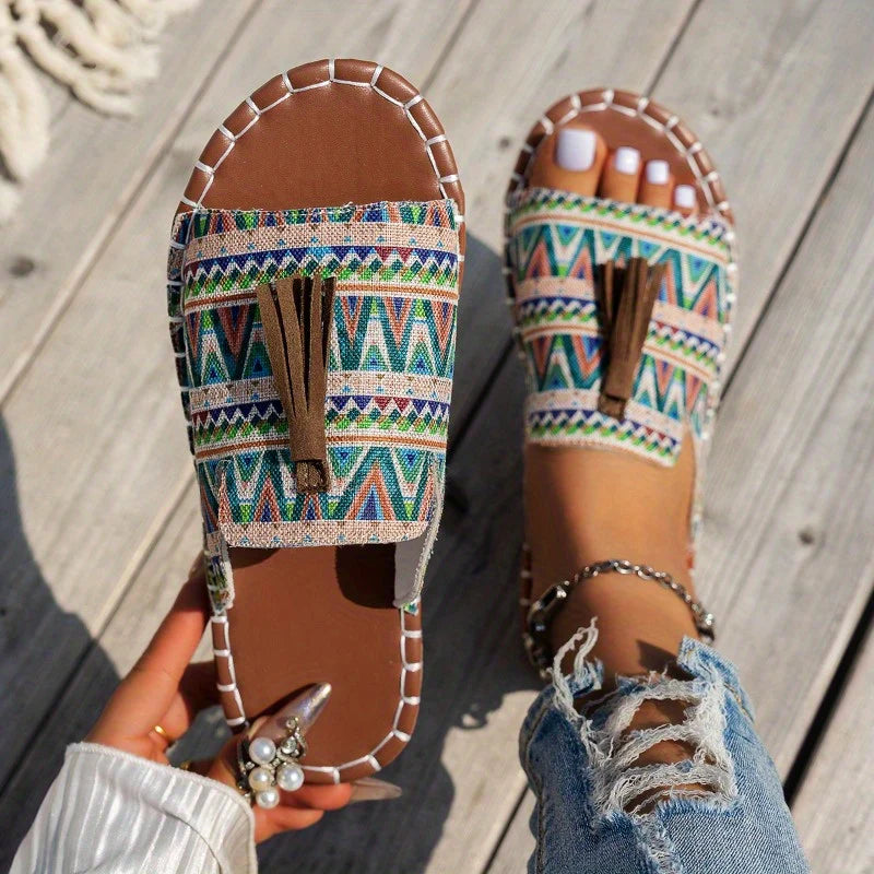 Women's Woven Textile Open-Toe Tassel Flats Corvine