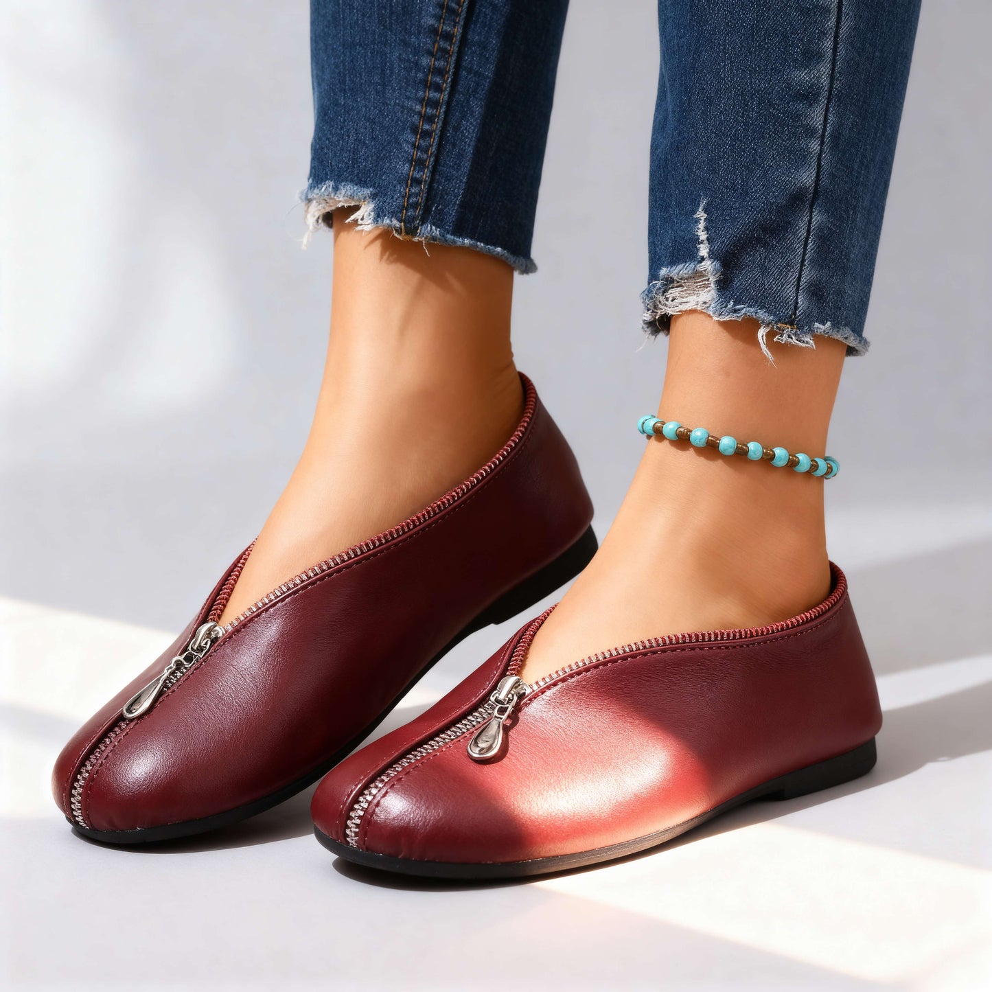 Women's Zipper Detail Black Flats Corvine
