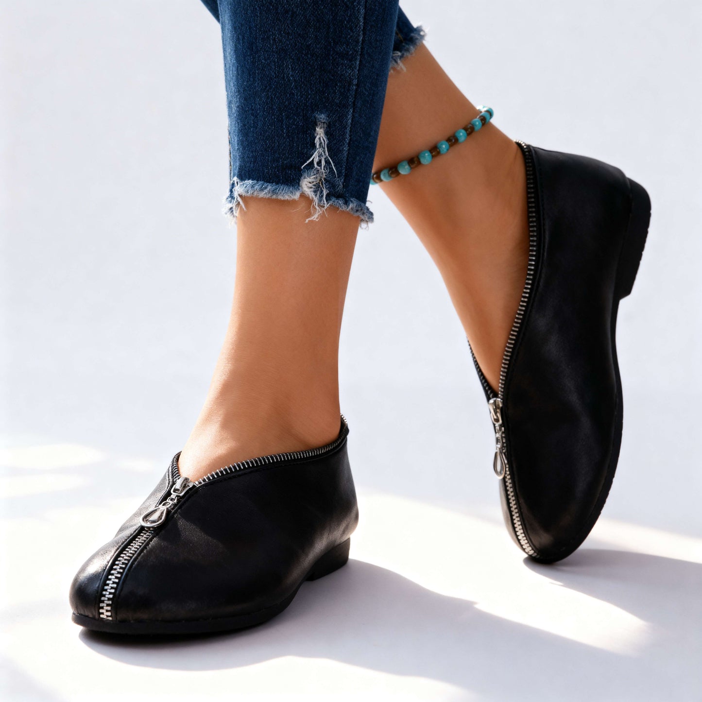 Women's Zipper Detail Black Flats Corvine